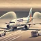 Illustration: Feierlicher Wasserfontänen-Empfang für den Eurowings-Erstflug nach der Landung in Köln